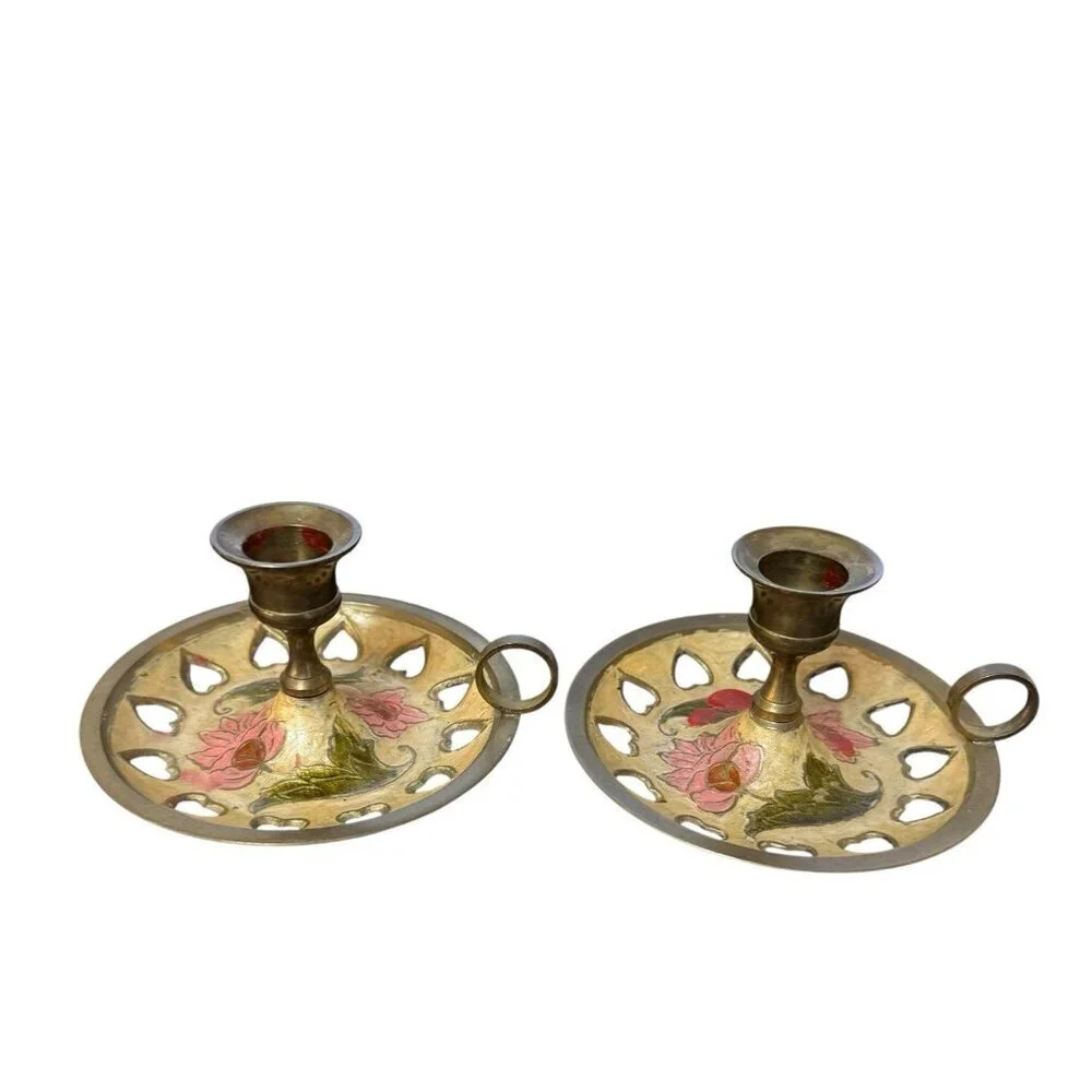 Vintage Brass Chamber Stick | Cloisonné Candle Holder | Enameled Flower Motif